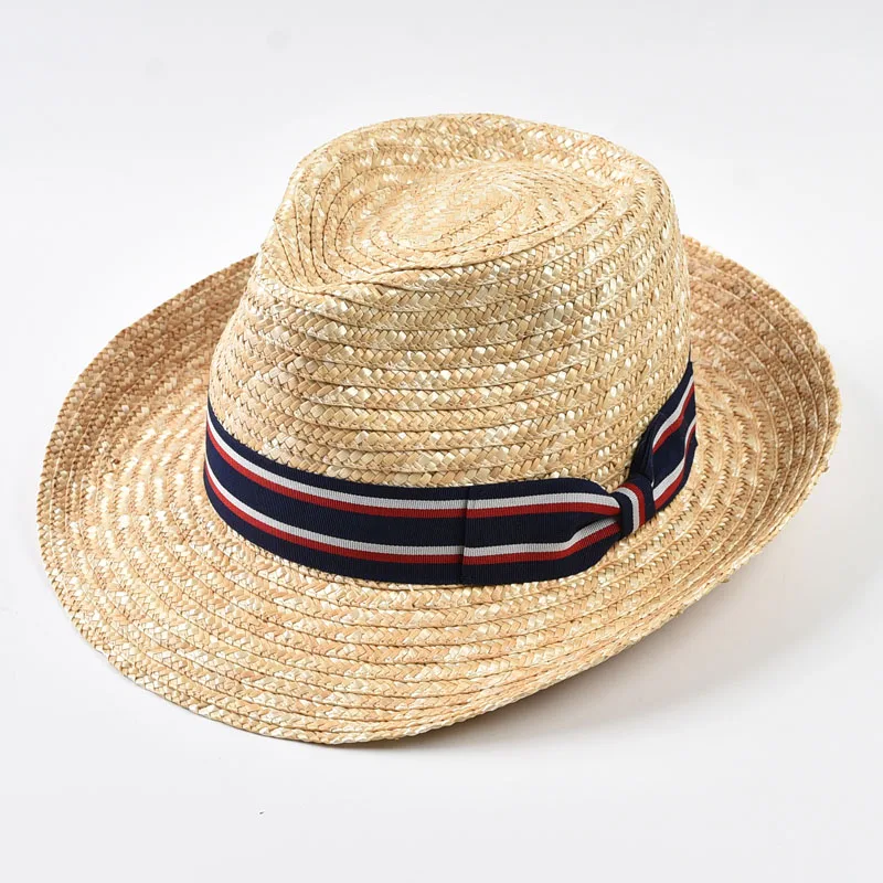 

Natural Wheat Straw Hat Men Women Summer Beach Sun Hats Vintage Curved Brim Trilby Fedoras
