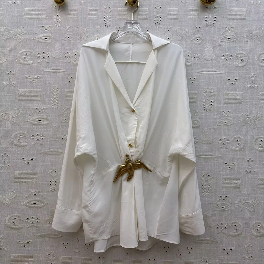 

Vintage Golden Swallow Decoration Loose Long Shirt Women Lapel Batwing Sleeve Solid Color Elegant Lady Vintage Chic Blouses