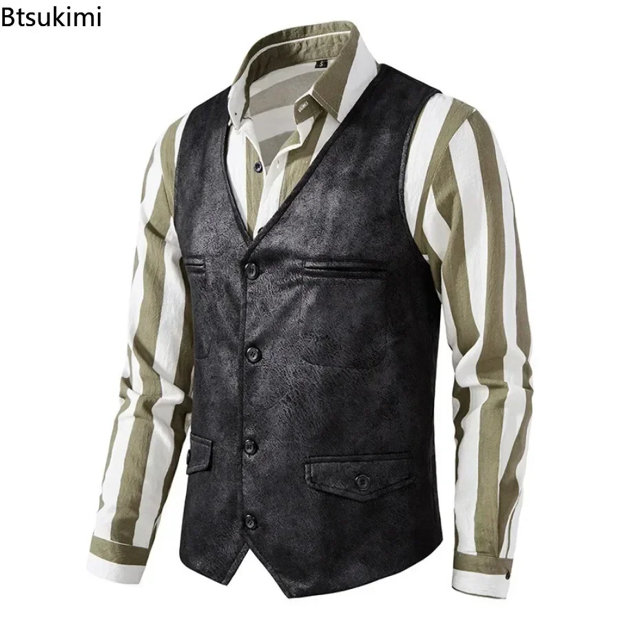 New 2025 Men's Vest V-neck Suede Single Breasted Vest Jacket Men Casual Business Party Waistcoat Fashion Solid Slim Vest for Men