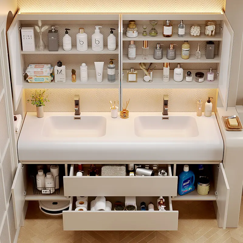 

Комплект мебели для ванной комнаты: тумба под раковину и шкафчик для рук и лица в стиле лайт-люкс