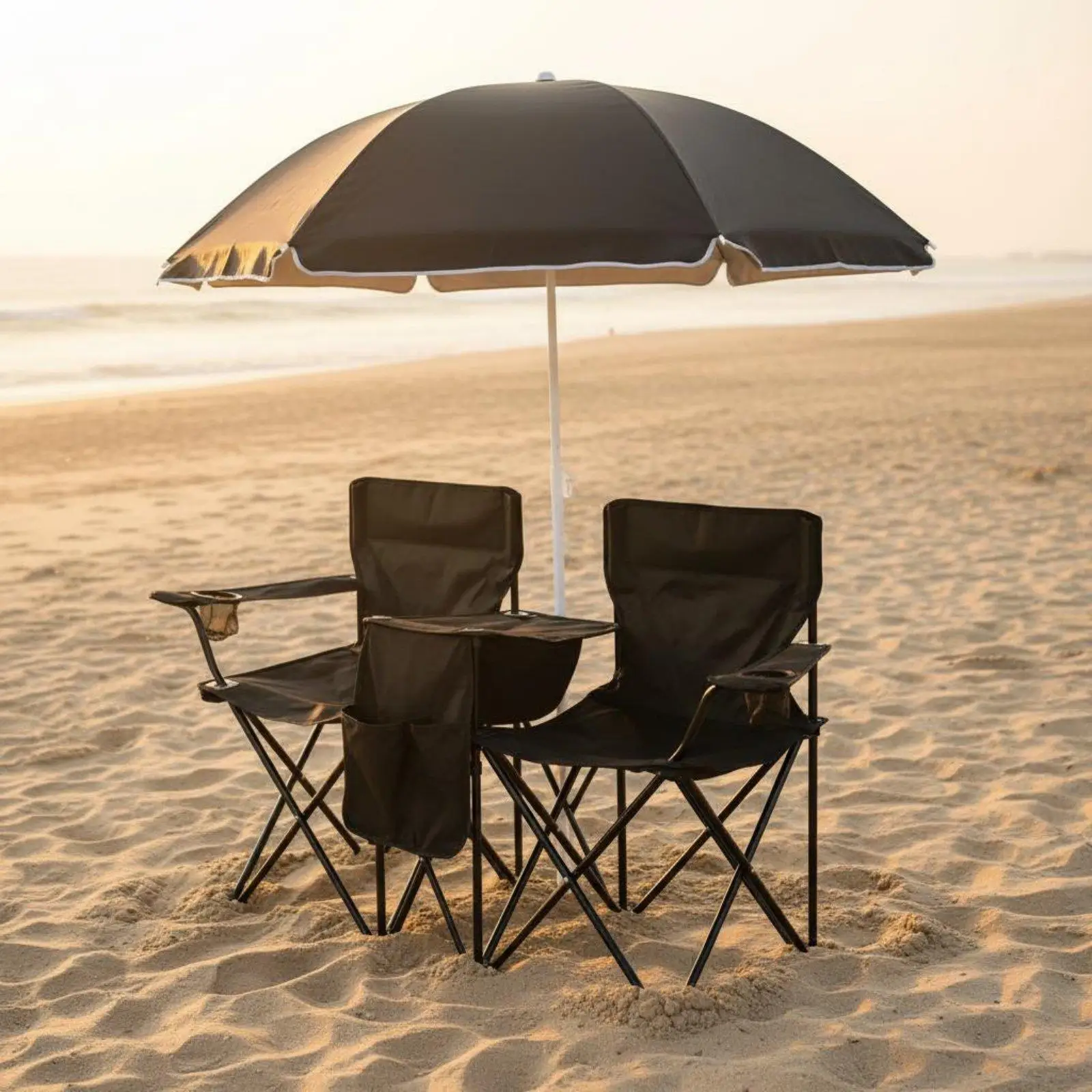 Portable Double Leisure Chair with Umbrella Folding Outdoor Loveseat for Camping Garden Patio Fishing
