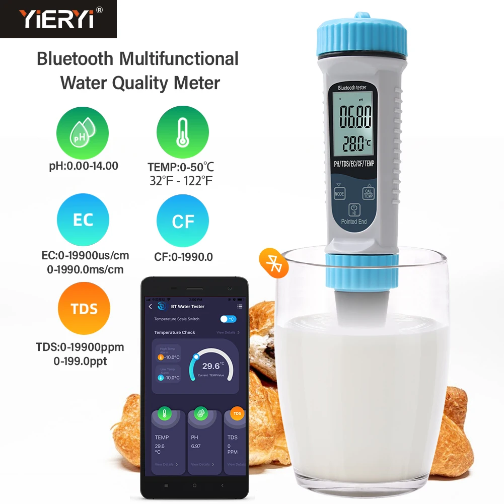 Smart Tuya PH Meter EC/TDS/CF/Temp Bluetooth Water pH Tester for Soil Food Cosmetics Meat Gardening