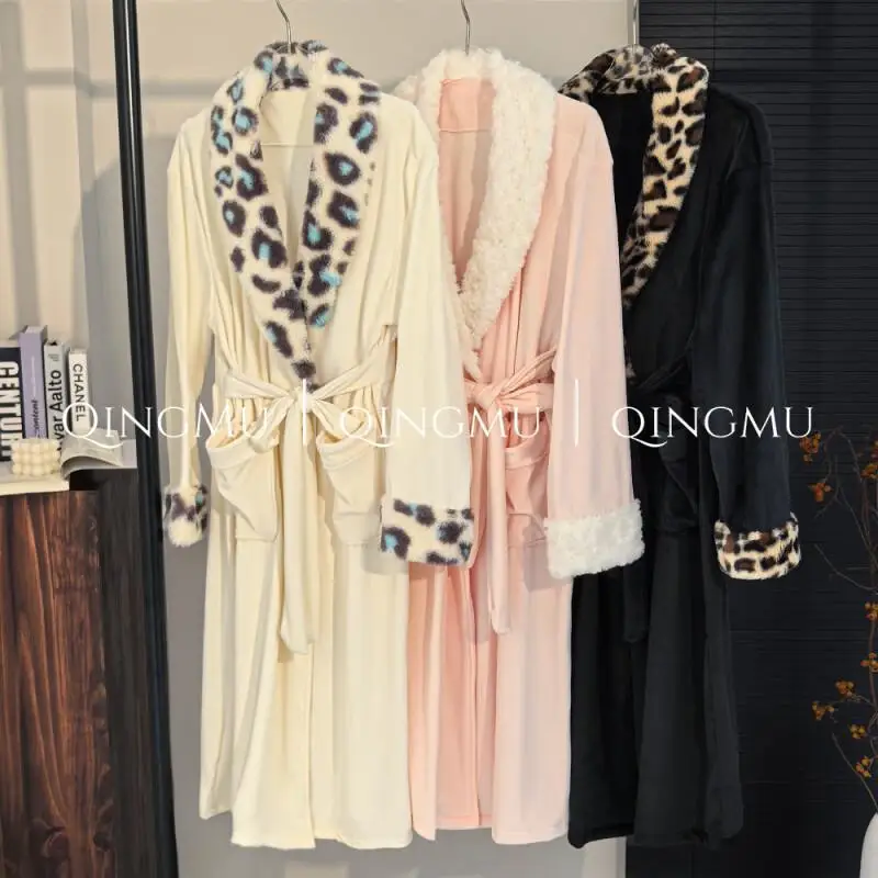 

Pajama Set Comfortable Sleepwear Women Flannel Long Robe Bathrobe Leopard Print Thick Homewear Sleepwear Winter Home Clothes