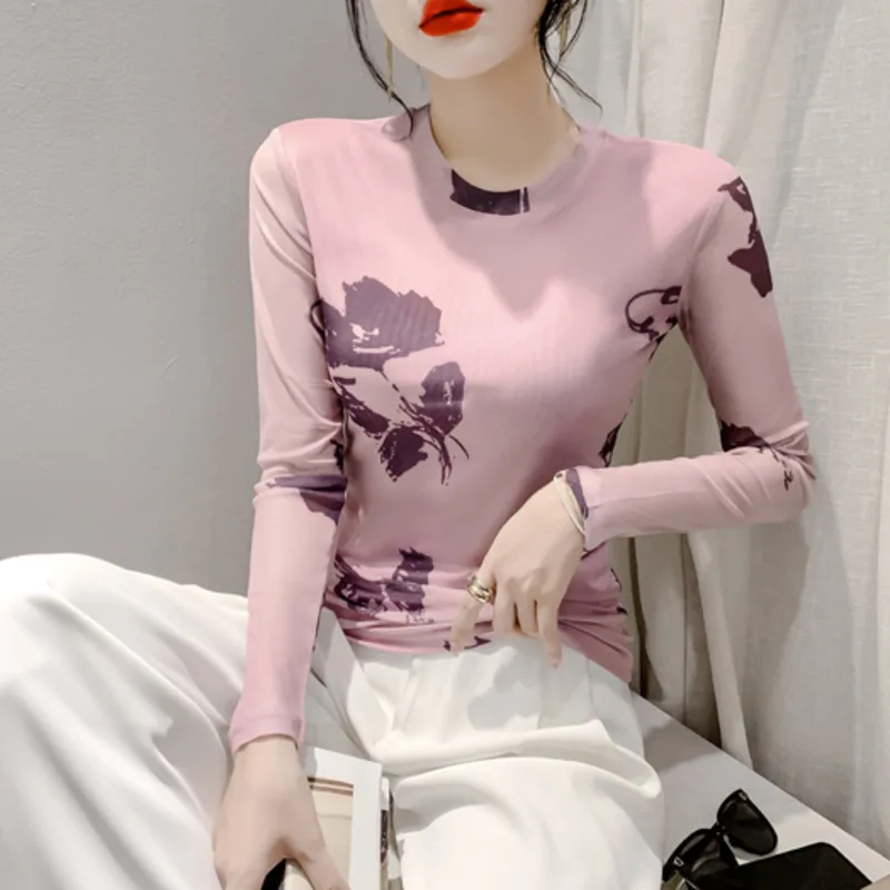 #8686 Pink Printed Mesh T Shirt Women Round Neck Tight Tshirt Female Long Sleeve Office Retro Streetwear T-shirt Korean Fashion