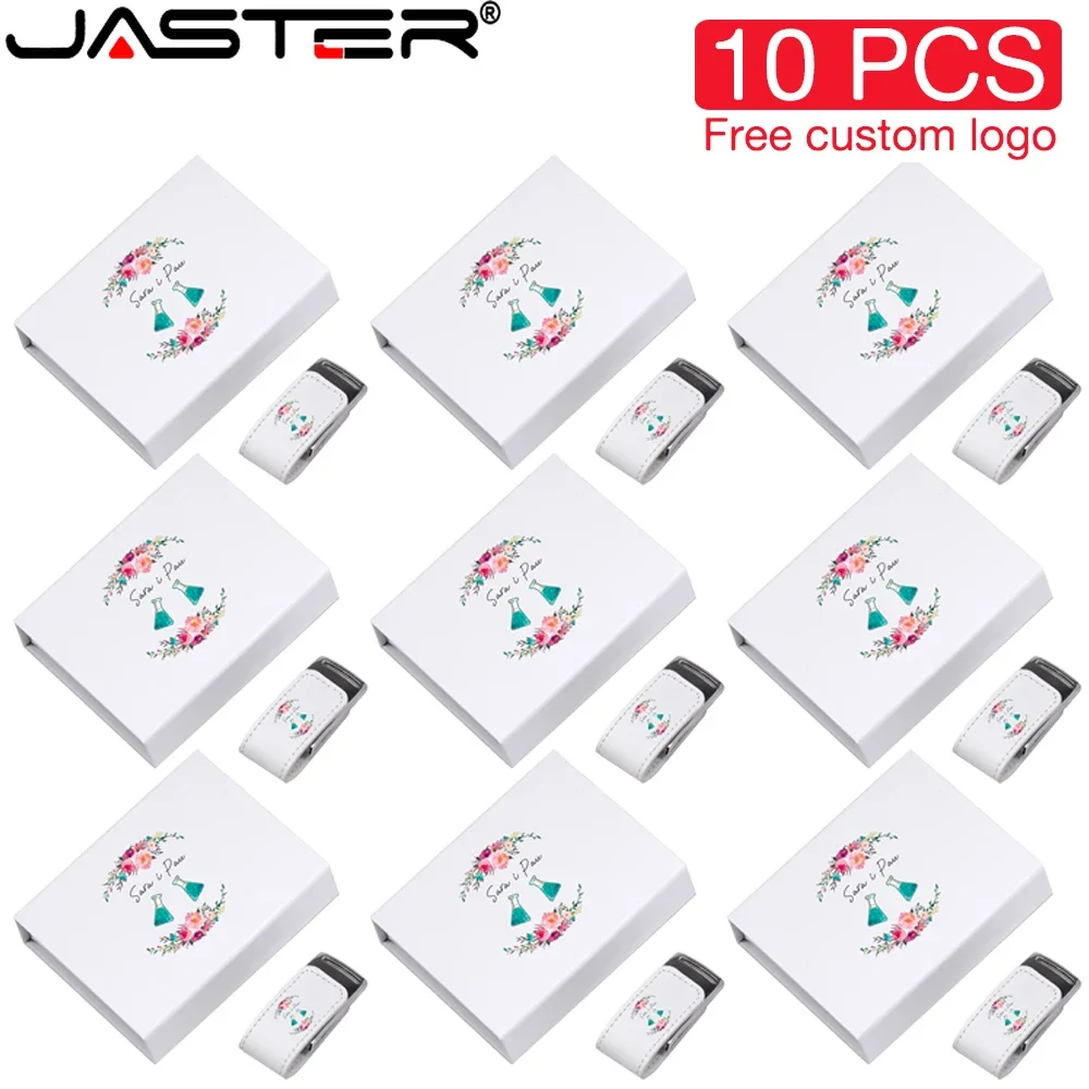 JASTER 10 PCS/LOT USB 2.0 flash drive Free custom logo Pen drive Leather Memory stick White box pendrive 128GB 64GB Color print