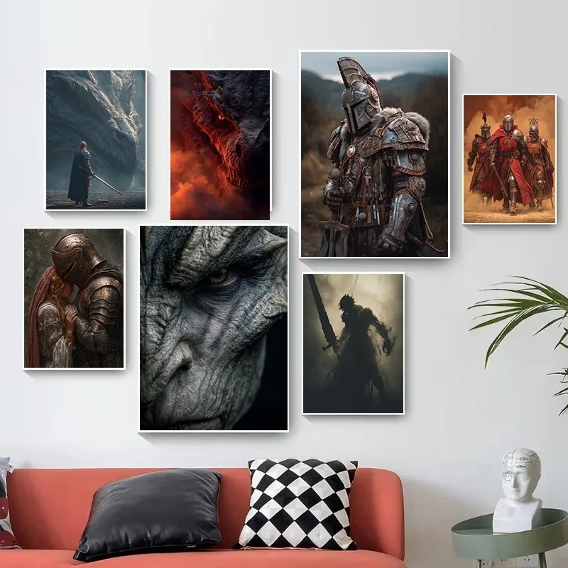 Póster de Batalla Épica del Mundo de la Fantasía, Tres Caballeros Dragón, Impresión en Lienzo Retro Vintage, Arte Medieval para Decoración de Sala de Juegos u Oficina