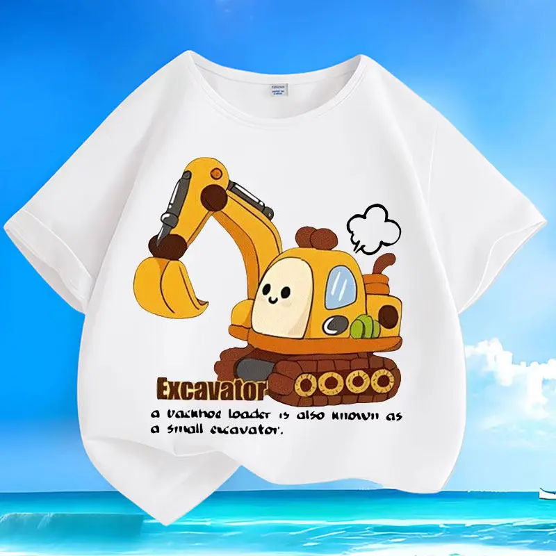 Cartoon Excavator Car Cotton Summer Short Sleeved Small and Medium-sized Children's Round Neck T-shirt Casual Parent-child Top