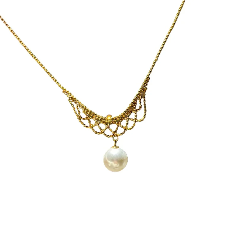 

Французское ретро золотое жемчужное кружевное ожерелье, легкое роскошное высококачественное ожерелье