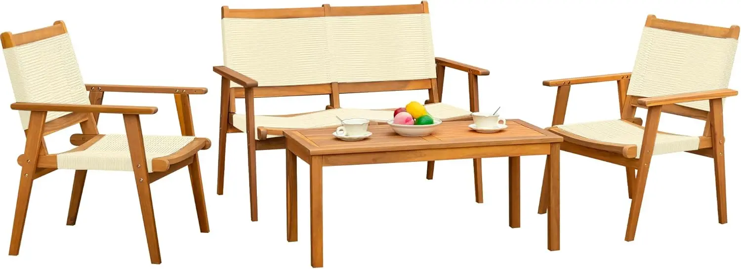 4 Pieces Acacia Wood Patio Conversation Sets, Patio Furniture Set with Hand Woven Rope Seats and Back, Outdoor Chair and