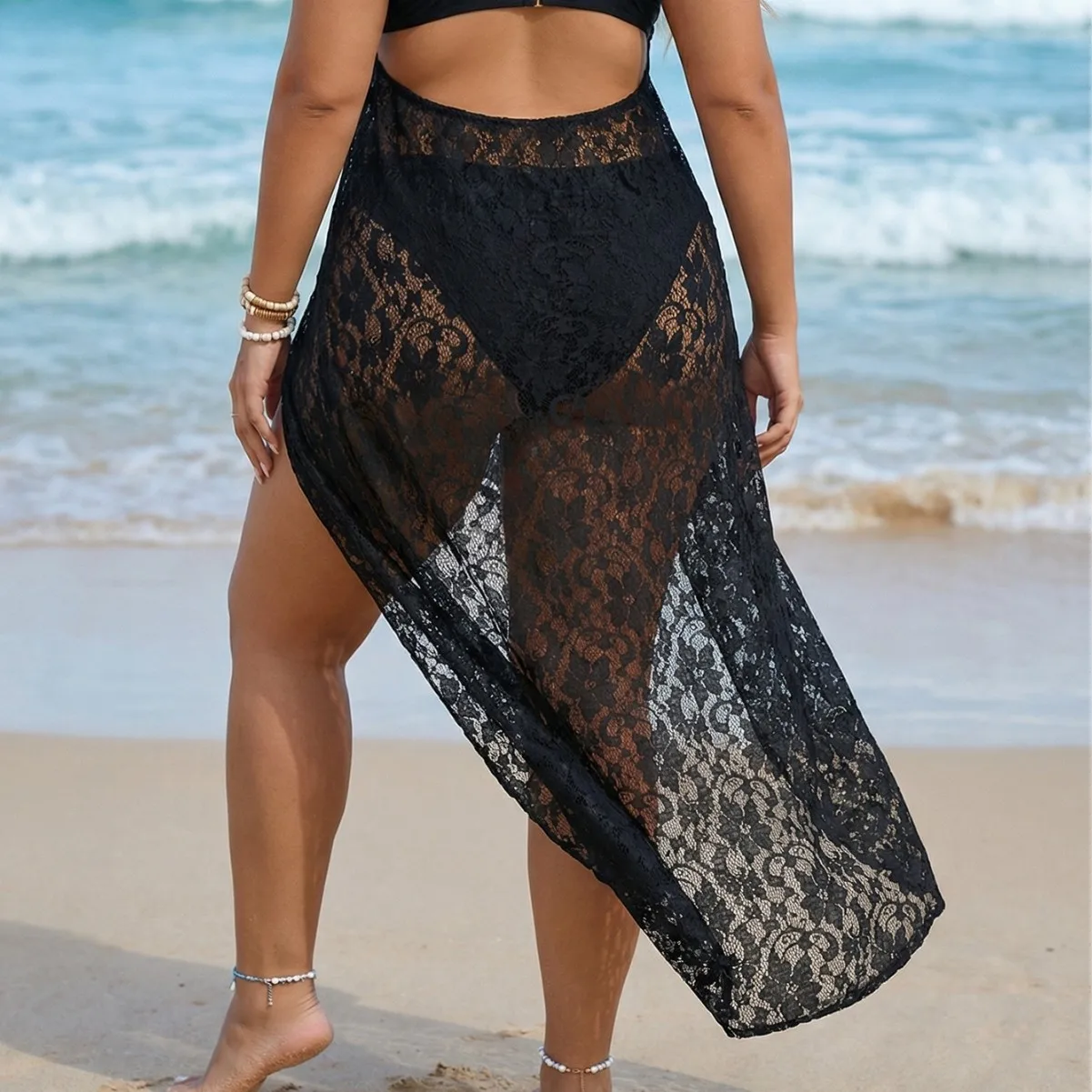 Beachwear Dress Pareo Women's Lace Cover-up Sheer Black Wrap Style Maxi Length Floral Lace V Neck Spaghetti Strap High Slit