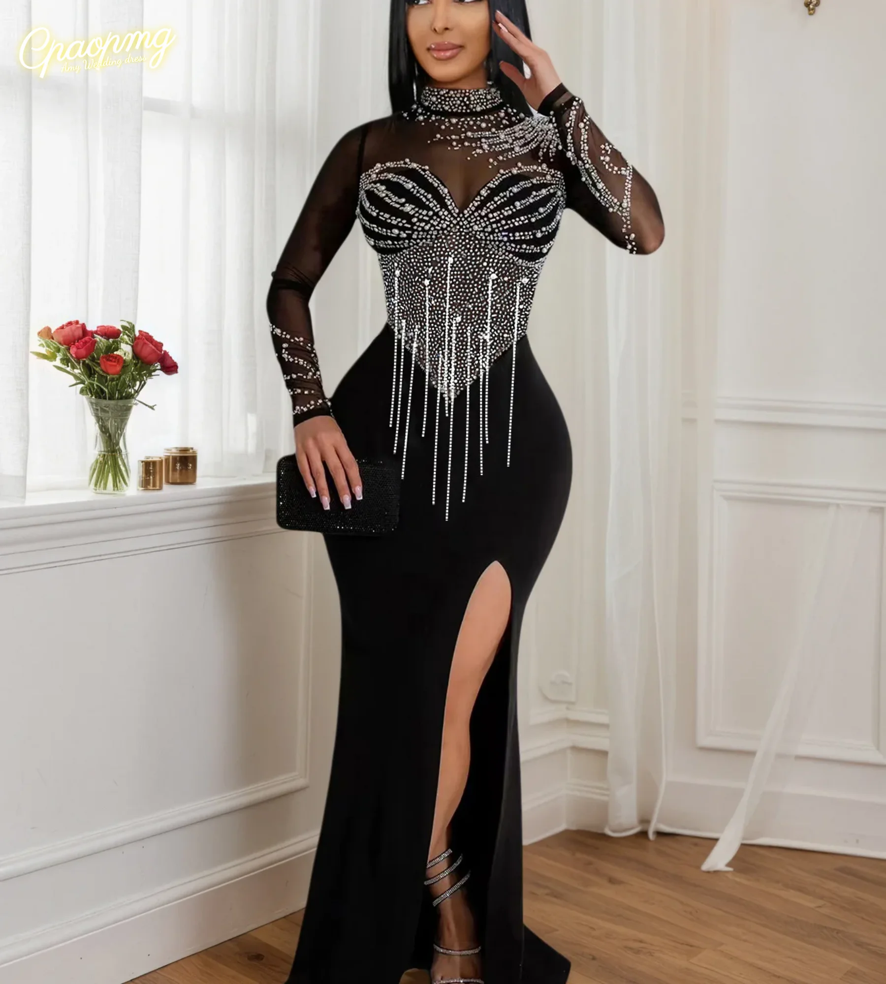 Customized diamond studded pearl dress with chain, heavy craftsmanship dress with slit and floor length women's evening dress