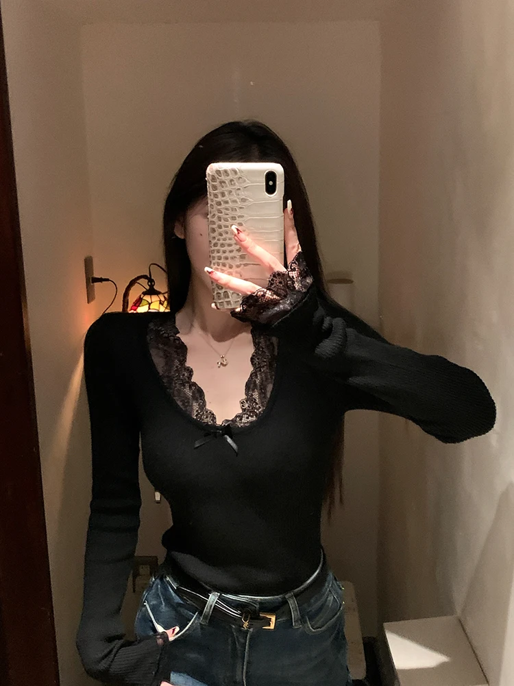 

Lilybre T Knitted Long Sve Lace Splice Slim Fit Base Layer Top for Women Casual Sle Pure Color Polyester Fiber Blouse