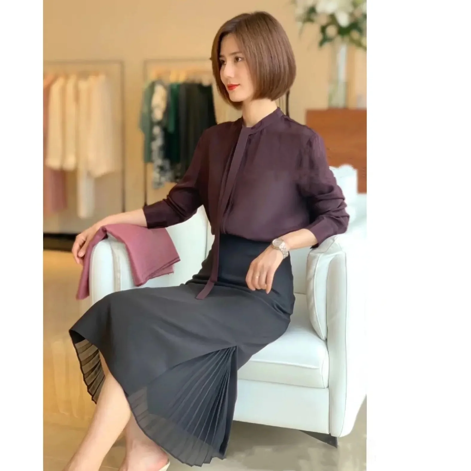 

Ele Charismatic High Waist Asymmetrical Pleated Fi Tail Skirt Sli Slimming Polyester Fiber Spring Faion
