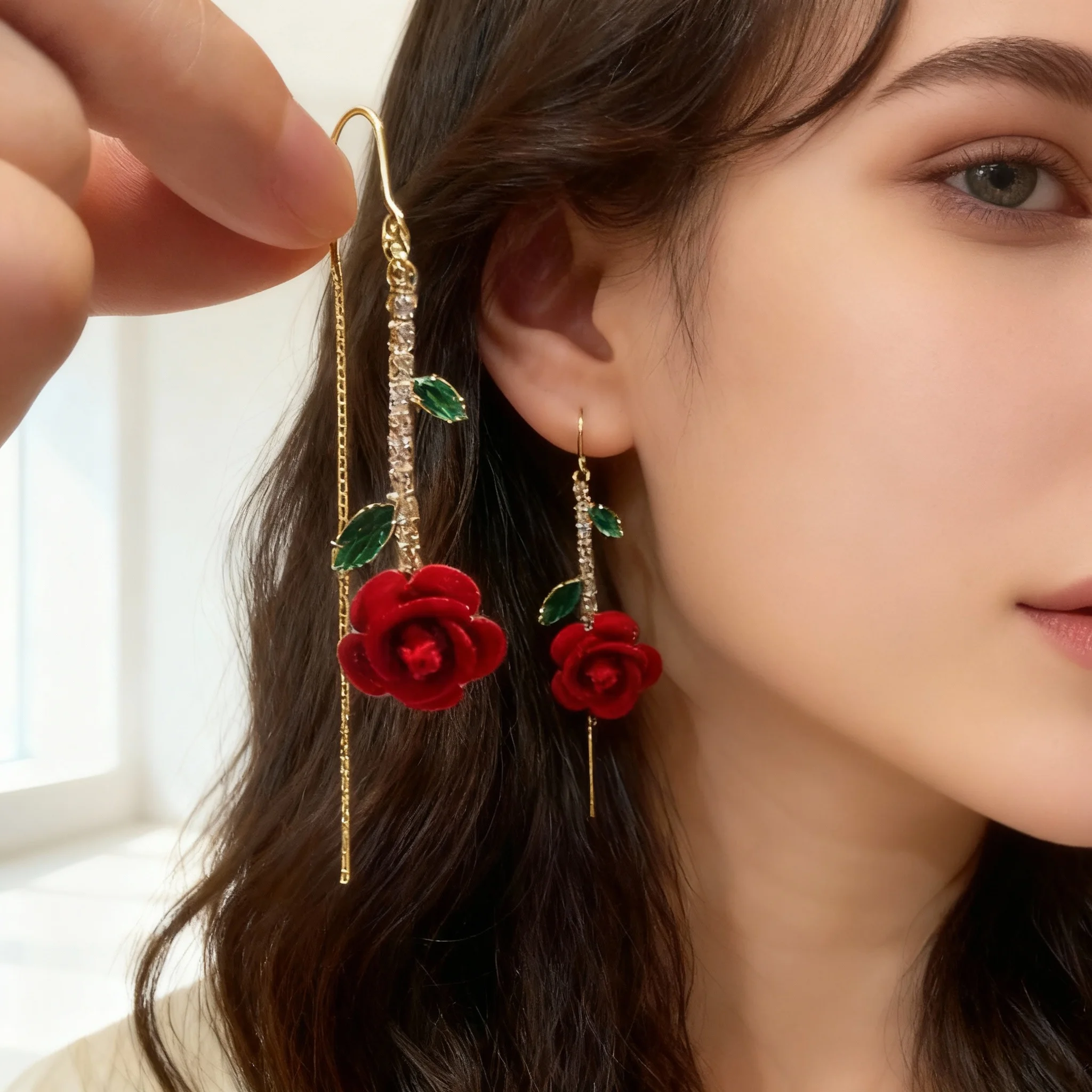 

Delicate Red Velvet Rose Crystal Leaves Ear Line Tassel Earrings for Women Sweet Rhinestone Flocking Flower Earring Jewelry Gift