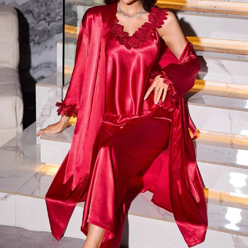 

Spring and Autumn New Women's Pajamas 3PCS Set Sexy Lace Long Bathrobe and Kimono Dress Loose Satin Pajamas Home Clothes