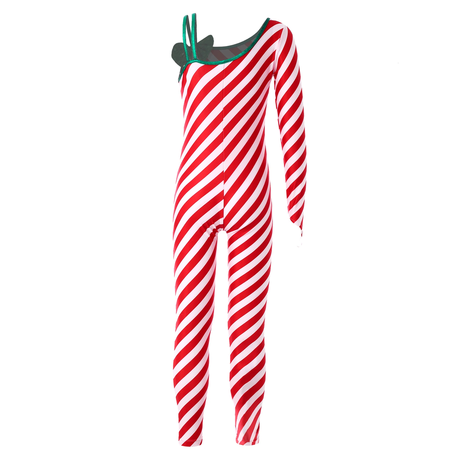 Ragazze Xmas Candy Cane Costume di natale bambini una spalla a righe Unitard tuta danza classica Cheer Party Performance Costume