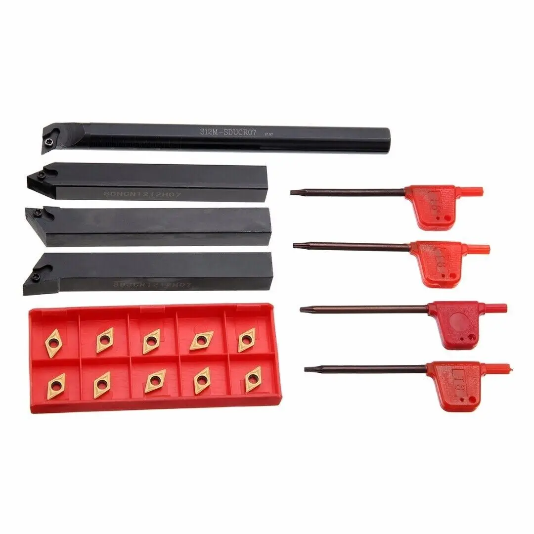 

10pcs DCMT070204 Carbide Inserts + 12mm Lathe Turning Tool Holder Boring Bar （S12M-SDUCR07 + SDJCR1212H07 + SDJCL1212H07）