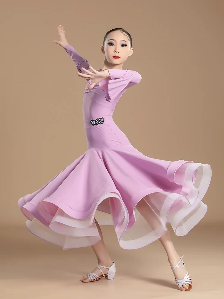 Ballroom Dance Competition Dress For Girls Chacha Rumba Tango Adult Pink Long Sleeved Split Skirts Suit Modern Dance Wear DN1771