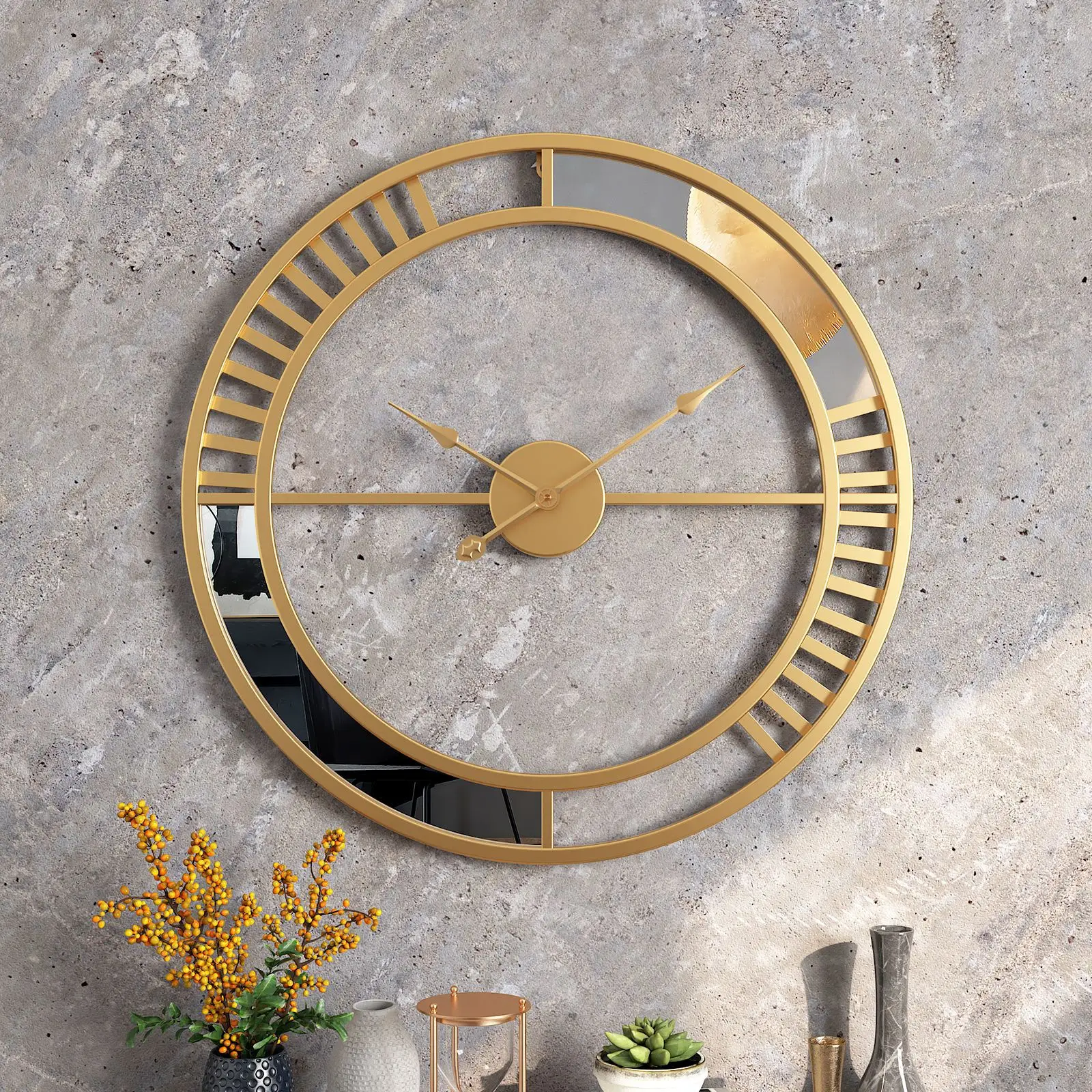 Round wrought iron wall clock living room simple decorative wall clock glass mirror clock