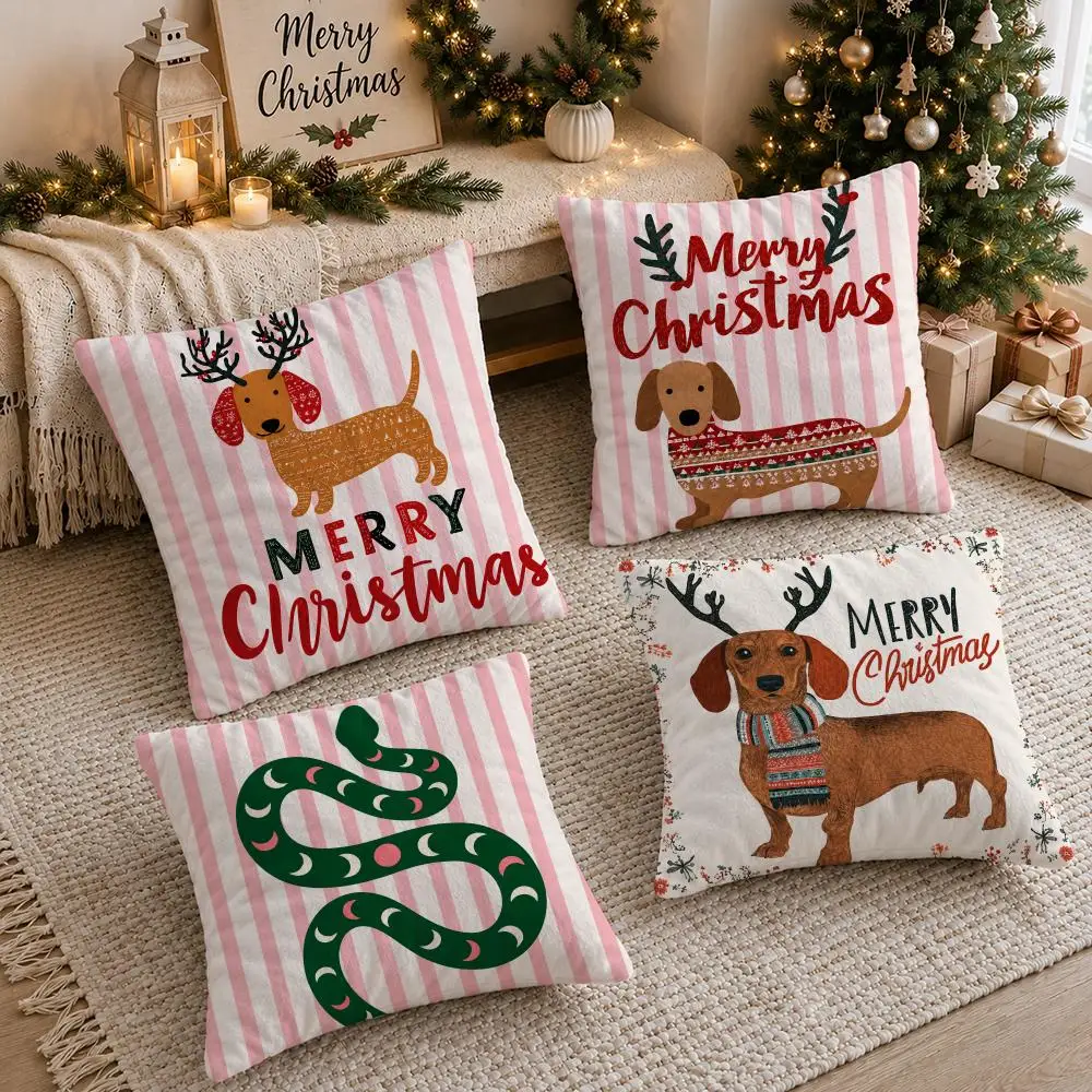 Christmas Cute Dog Cushion Cover Soft Short Plush Double-Sided Printing Sofa Home Decor Festival Pillow Case Gifts