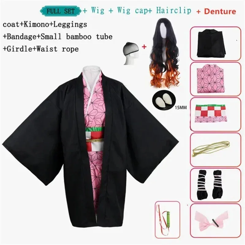 

New Anime Nezuko Cosplay Costume Kimono Devil Hunter Kamado Nezuko Costume Wig Womens Girls Kimono Uniform Clothes