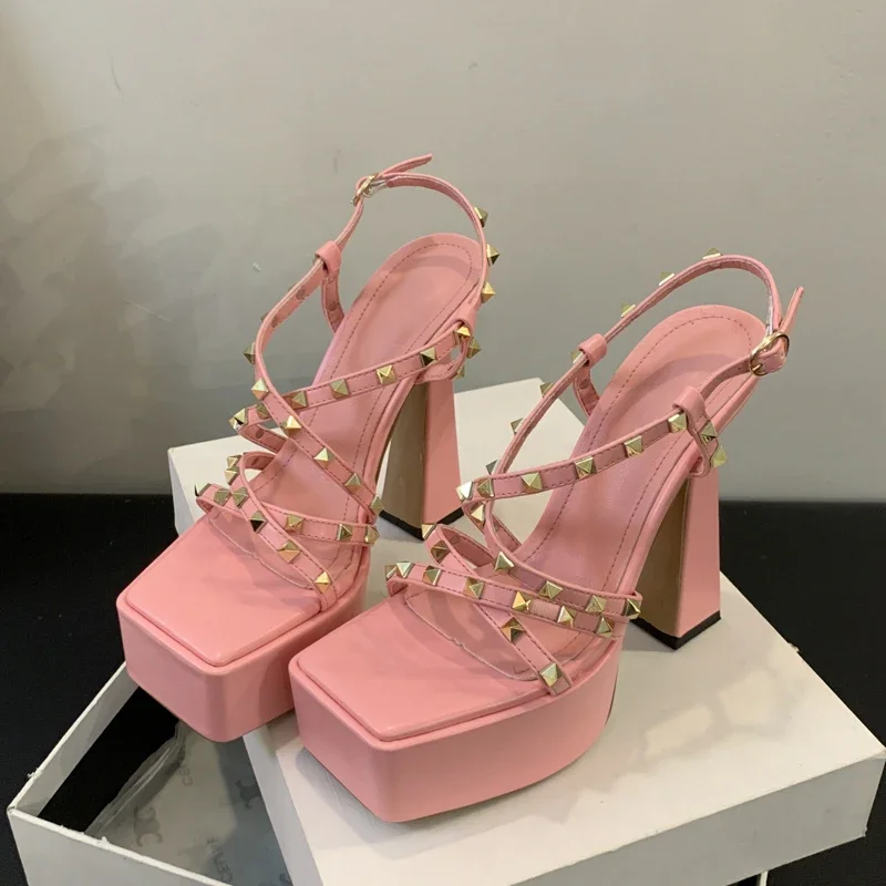 

Eilyken Summer Rivet Square Toe Women Sandals Street Style Platform High Heels Buckle Strap Wedding Party Ladies Shoes