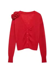 Women's Floral Appliques Knit Cardigan Sweater, V Neck, Long Sleeve, Female Outerwear, Chic Tops, Fashion