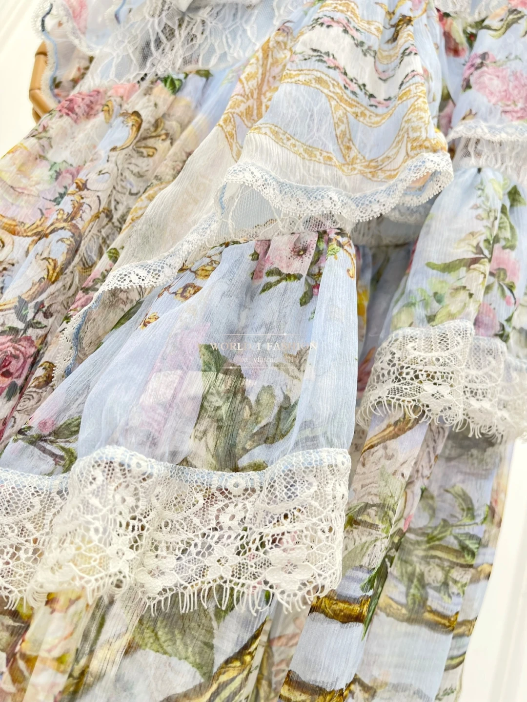 Ruffles Lace High Quality Silk Midi Dress for Holiday 2025 New Women's Blue Floral Print Sleeveless