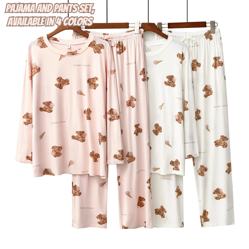 Spring Autumn Women\'s Kawaii Cartoon Anime Pajamas Ice Cream Bear Print Round Neck Long Sleeve Pants Cute Home Suit Set Gifts