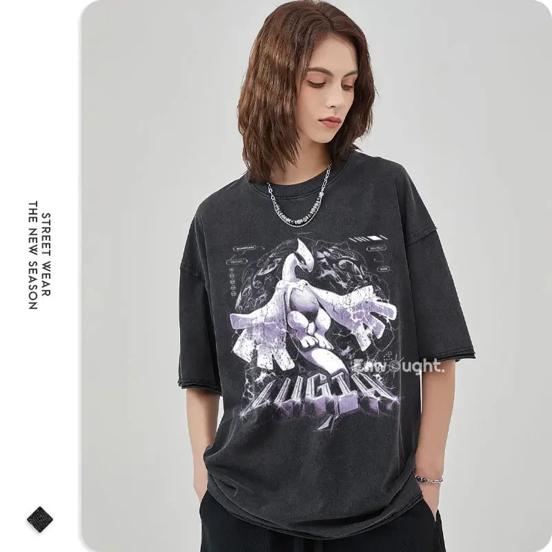 Anime Lugia Butterfree T-shirt Dragon Vintage Washed T Shirts Streetwear Manga Oversized Short Sleeve DTG Printing Tops Tees