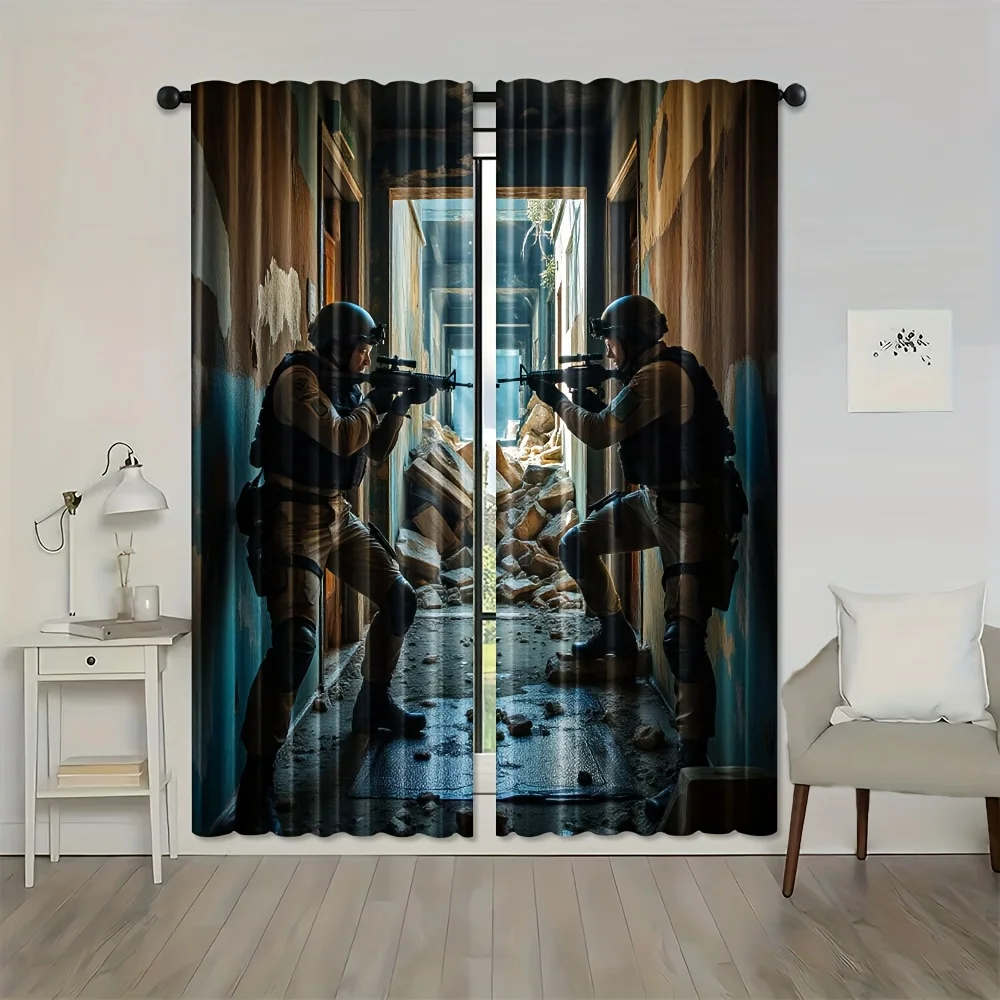 2pcs Tactical Soldier Curtains Military Action Print Blackout Drape Living Room Bedroom Window Treatment Home Decor