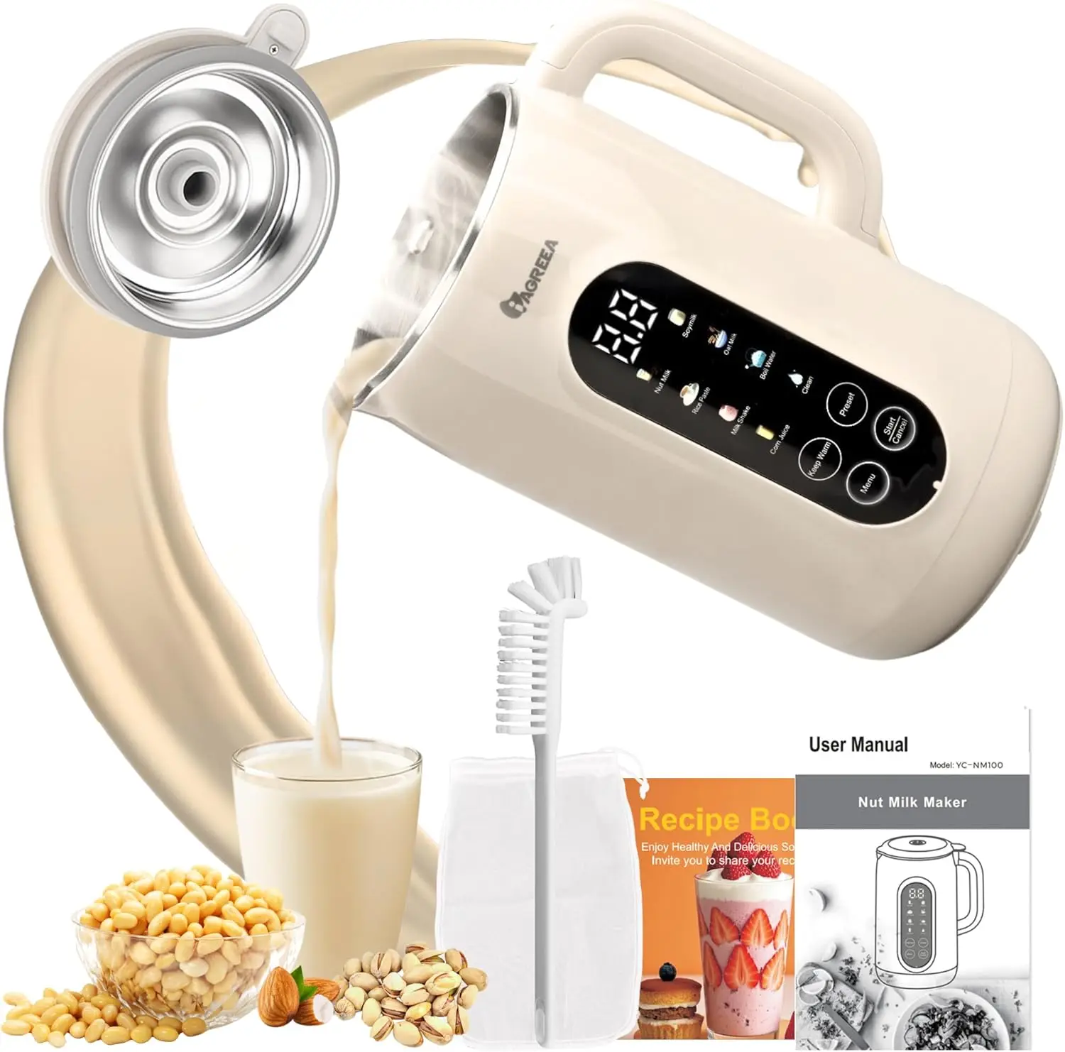 

35oz Nut Milk Maker Machine Stainless Steel Lid BPA Free, 8in1 Soy Milk Maker for Homemade Milkshake/Nut/Oat, 10 Blades Electric