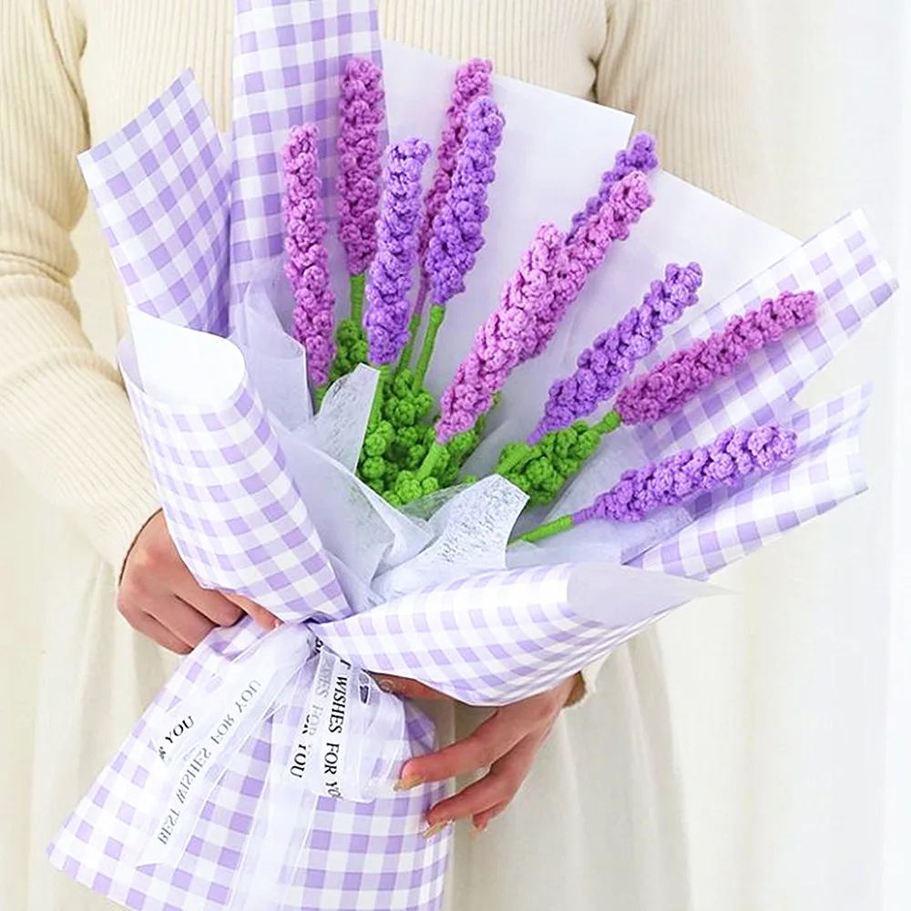 10pcs Knitting Flower Purple Lavender Hand-Knitted Flowers Bouquet Homemade Finished Fake Flower Home Decorate Festival Gift