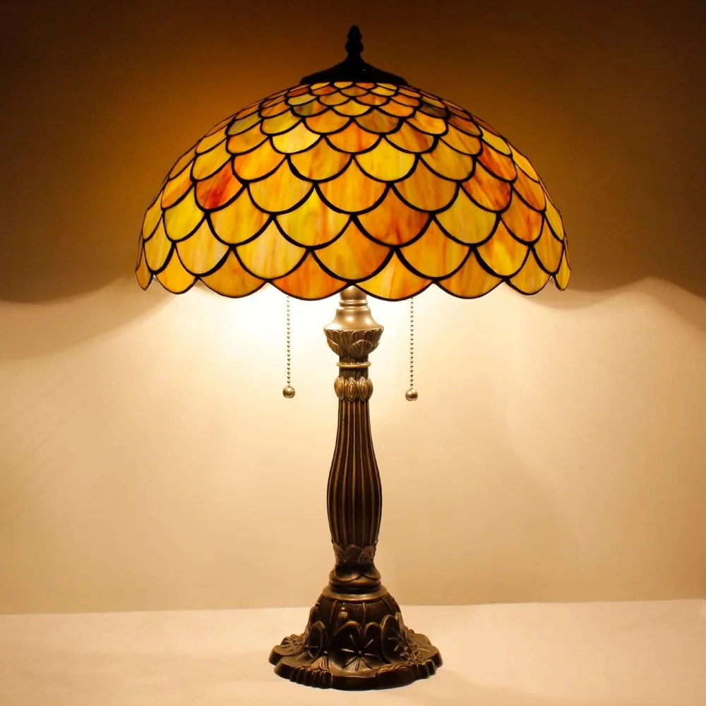 مصباح طاولة تيفاني من الزجاج الملون على طراز قشور السمك مصباح قراءة عتيق للمكتب مقاس 16 × 16 × 24 بوصة ديكور لغرفة النوم وغرفة المعيشة والمنزل #2