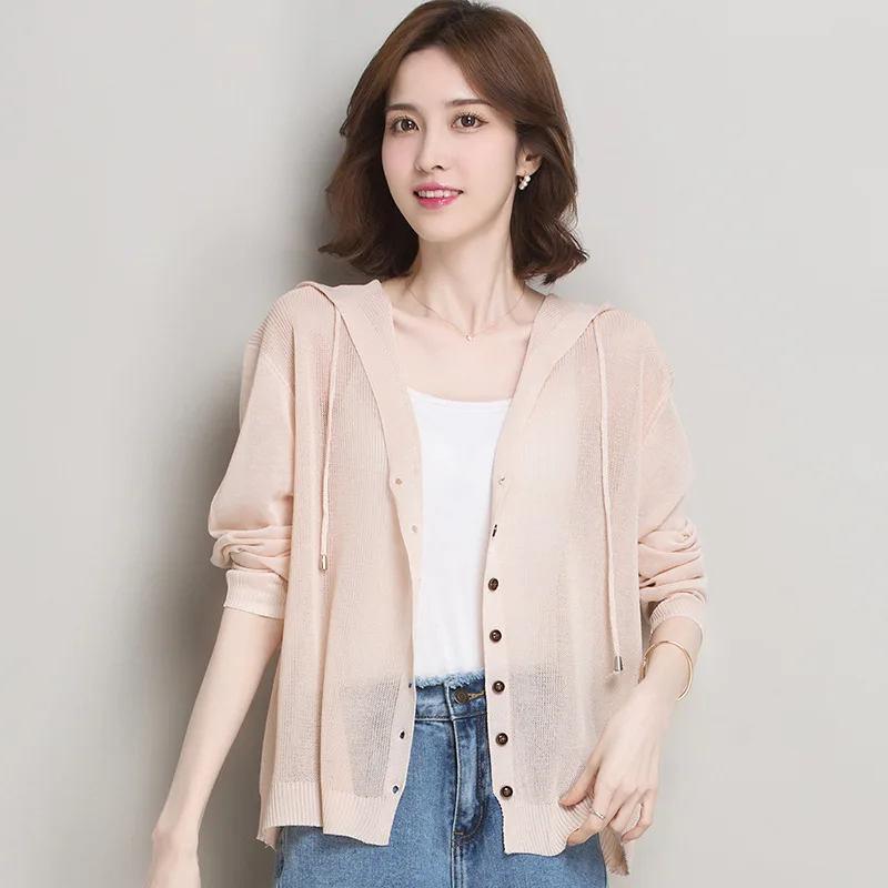 女性用帽子付き軽量カーディガン,長袖,シングルブレスト,ドローストリング,韓国日焼け止め,毎日毎日,夏