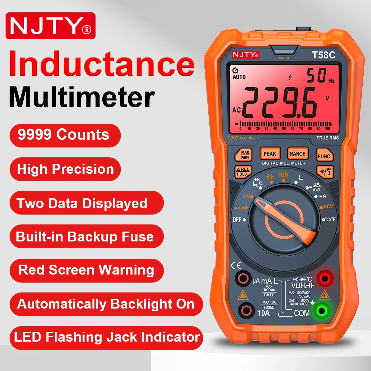 NJTY T58B T58C Digital Multimeter 9999 Counts Auto Range LED Flashing JacK AC/DC Voltage Current Inductance Capacitance HZ TEMP