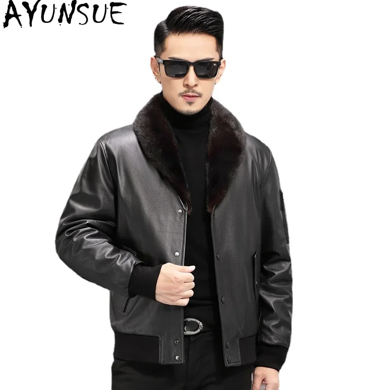 AYUNSUE Winter Genuine Leather Jacket Men's Sheepskin Leather Coat Male Warm Mink Fur Down Jackets Korean Jaqueta Masculina SQQ