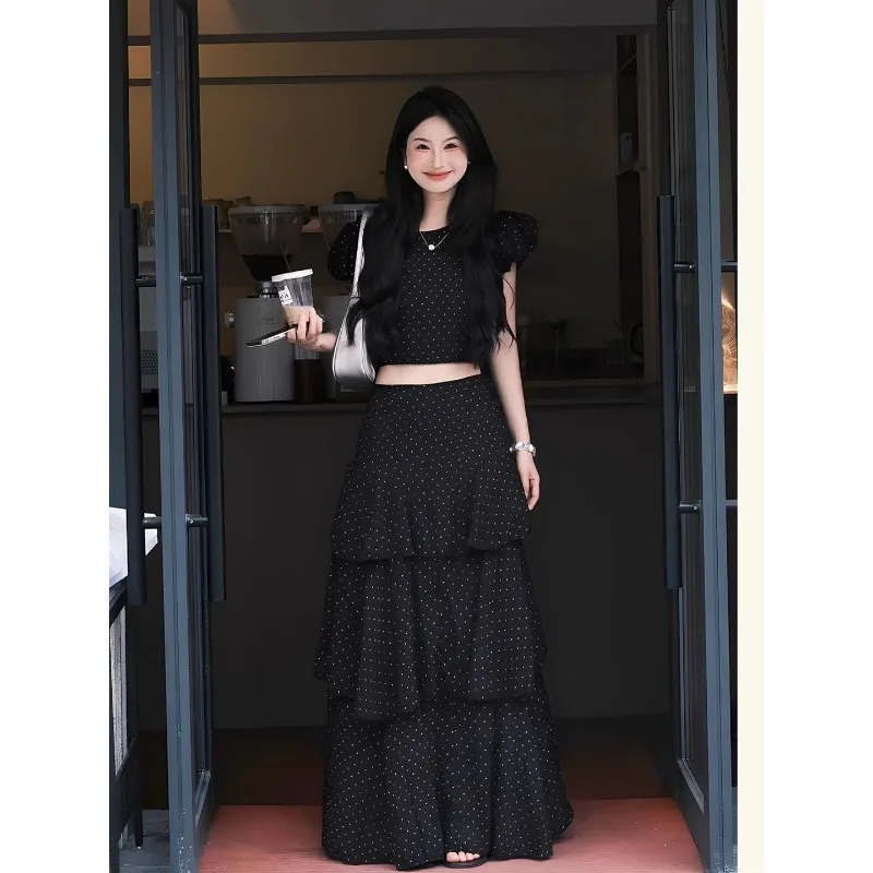 

Women's Polka Dot Two Piece Set Puff Sleeve Top And Ruffle Hem Midi Skirt Set