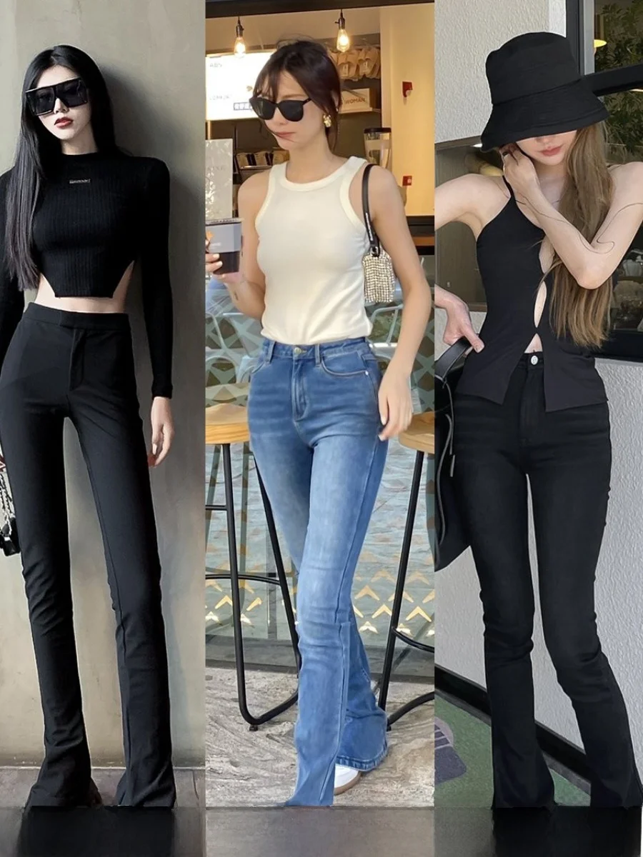 

Джинсы-клеш с высокой талией для похудения, женские, модные, дизайн Yang Yang, из хлопкового стрейч-денима, износостойкие, длинные