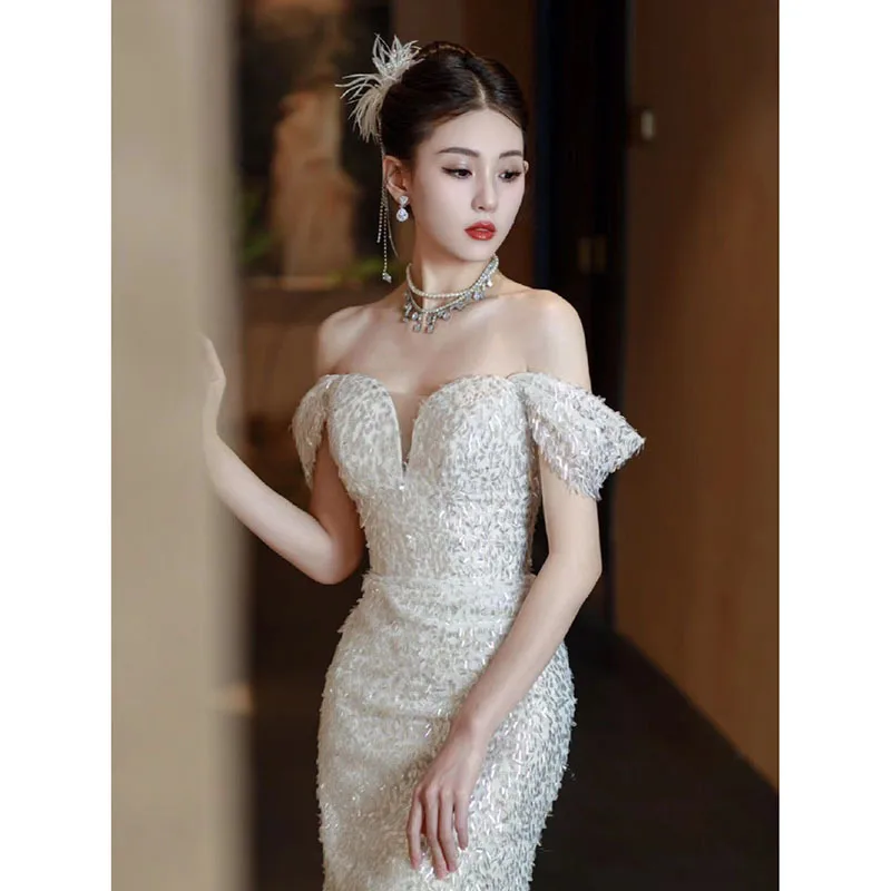 2024 Luxury Beading Mermaid Celebrity Dresses Boat Neck French Sequins Vintage Corset White High-end Wedding Party Bridal Gown