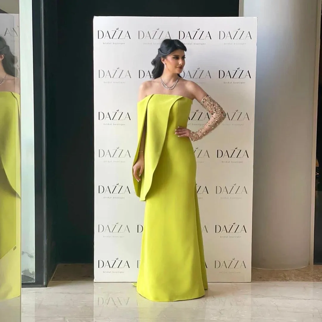 

Customized Saudi Arabian Prom Dress Yellow Green Modern Boat Neck Strapless Evening Gown Floor-length Simple Women's Dresses