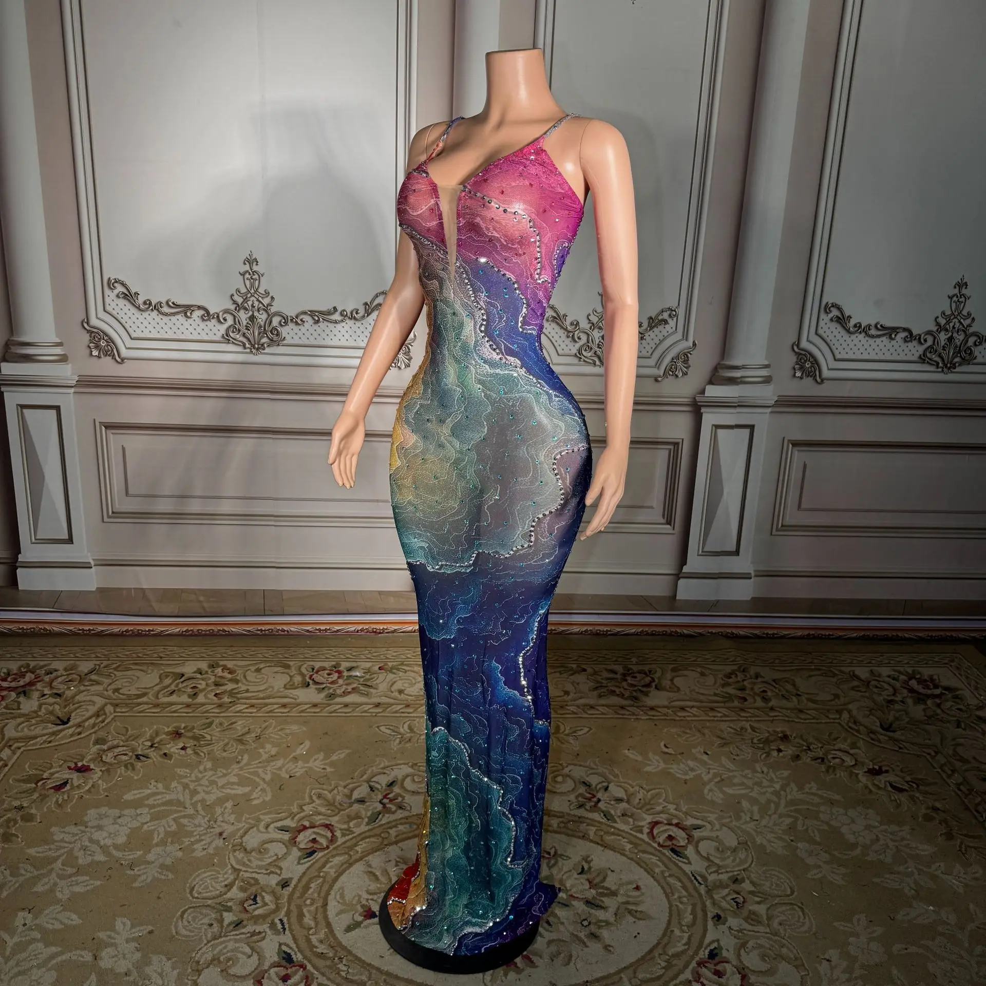 Summer Floral Rhinestone Abstract Ink Print Slimming Sleeveless Dress for Cocktail Parties and Formal Events