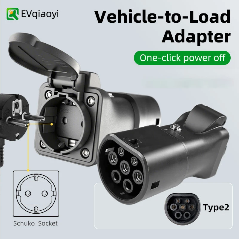 EVqiaoyi Type2 V2L Discharger Adapter Vehicle to Load Plug with Power-off Button for Jaecoo 7 BYD MG Renault