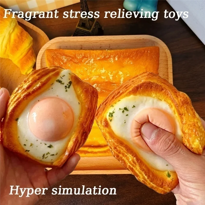 Fragrant Fried Egg Toast Bread Cake Squishy Toy Squeeze Slow Rising Fidget Toys for ADHD Anxiety Hand Exercise Stress Relief