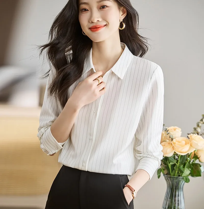 مكتب سيدة طويلة الأكمام رفض طوق المرأة قميص أبيض مخطط الشيفون قميص بلوزة المرأة بلايز Blusas Para Mujer Blusa G845 #2