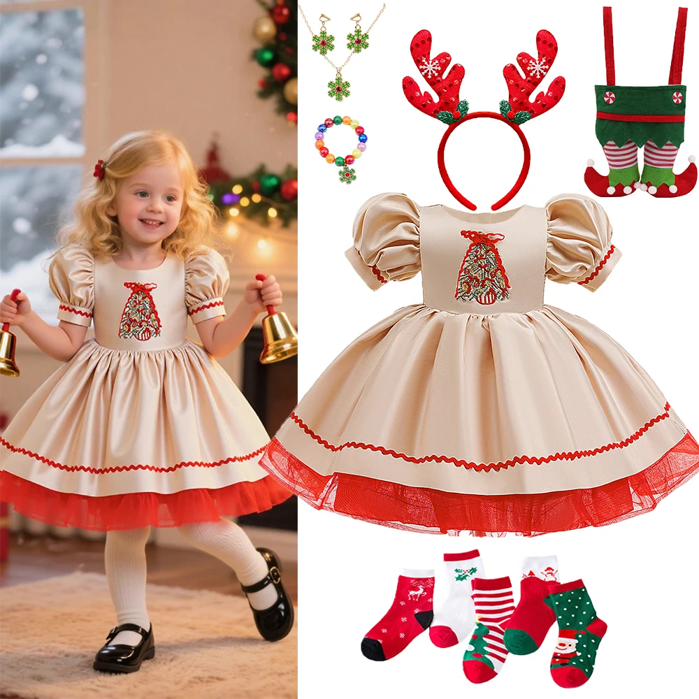 

Новое рождественское платье для маленьких девочек, винтажное платье цвета шампанского с пышными рукавами и вышитой рождественской елкой, праздничное праздничное платье для младенцев