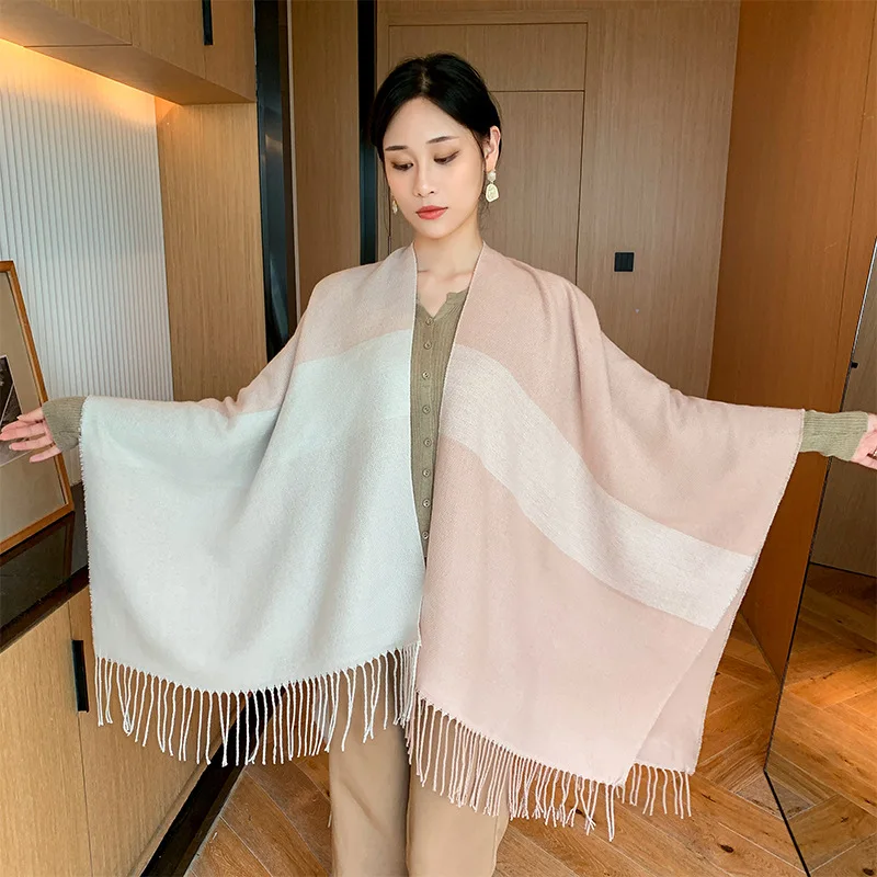 Imitation Cashmere Scarf Women's Winter 2024 New Trendy Fashion Versatile Tassel Warm Elongated Color-blocked Shawl