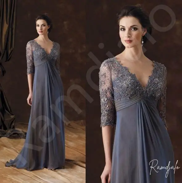 Customized Empire Waist Mother of the Bride Dress Sheer Lace Sleeve V-Neckline Elegant Floor-Length Chiffon Evening Gown Grey