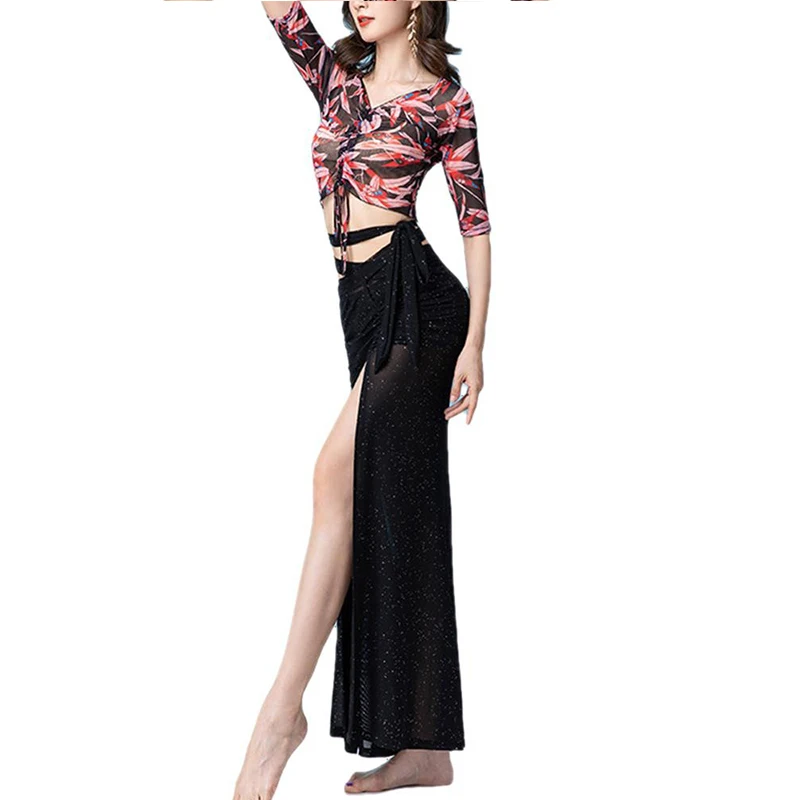 Women Belly Dance Costume Suit Printing Mesh Top Split Skirt Practice Clothes Set Oriental Female Bellydance Elegant Performance