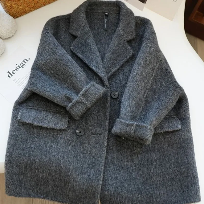 Double Faced Premium Grey Wool Coat for Kids Girls Autumn Winter Parent Child Matching Thickened Double Layer Woolen Jacket